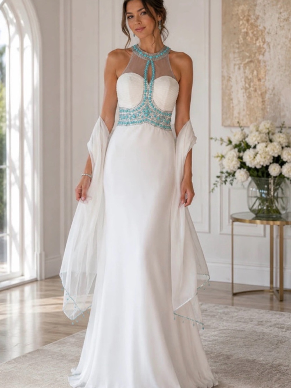 Dancing Queen Ivory Halter Gown with Aqua Beading